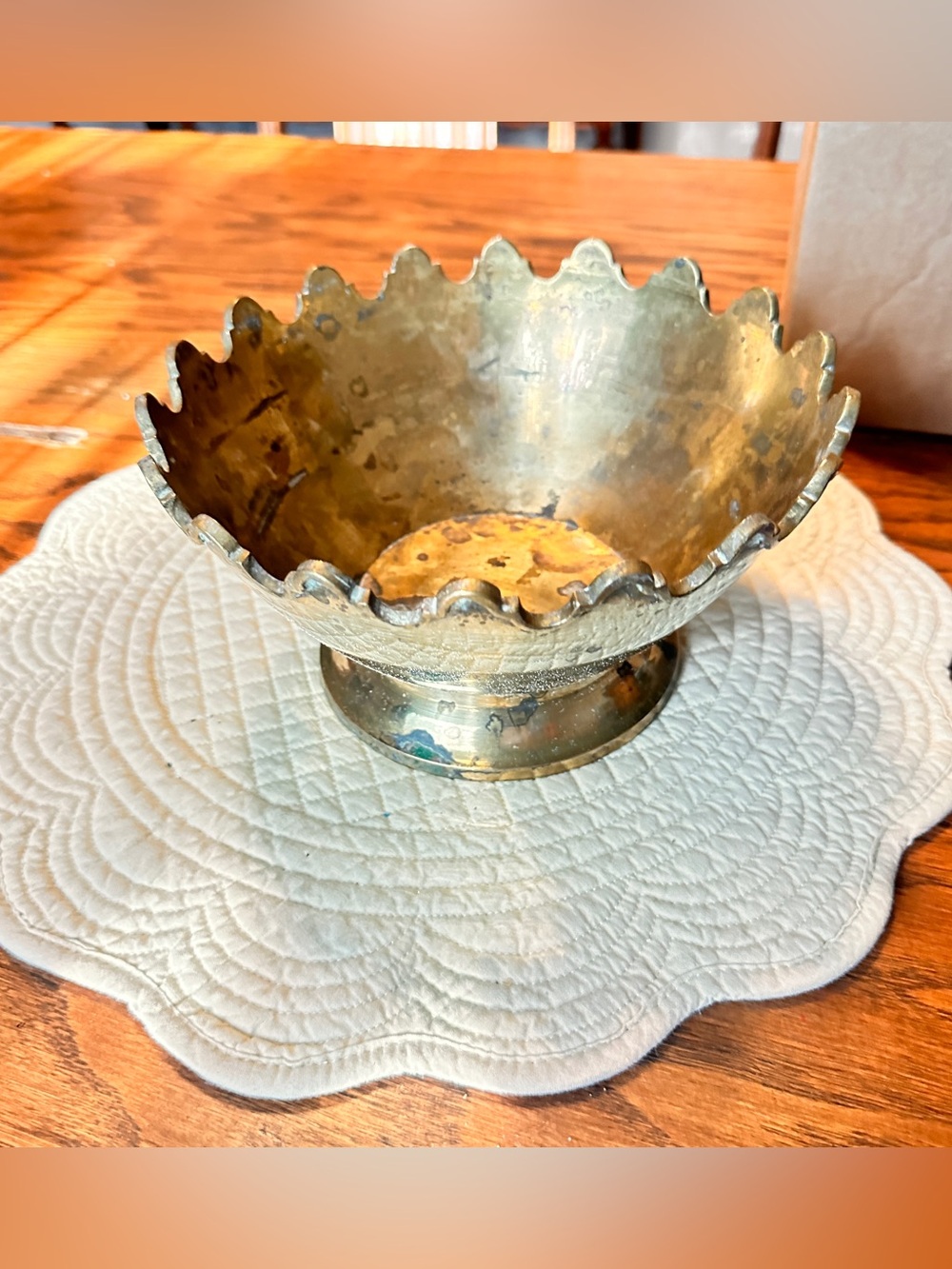 Vintage brass scalloped bowl with aged patina